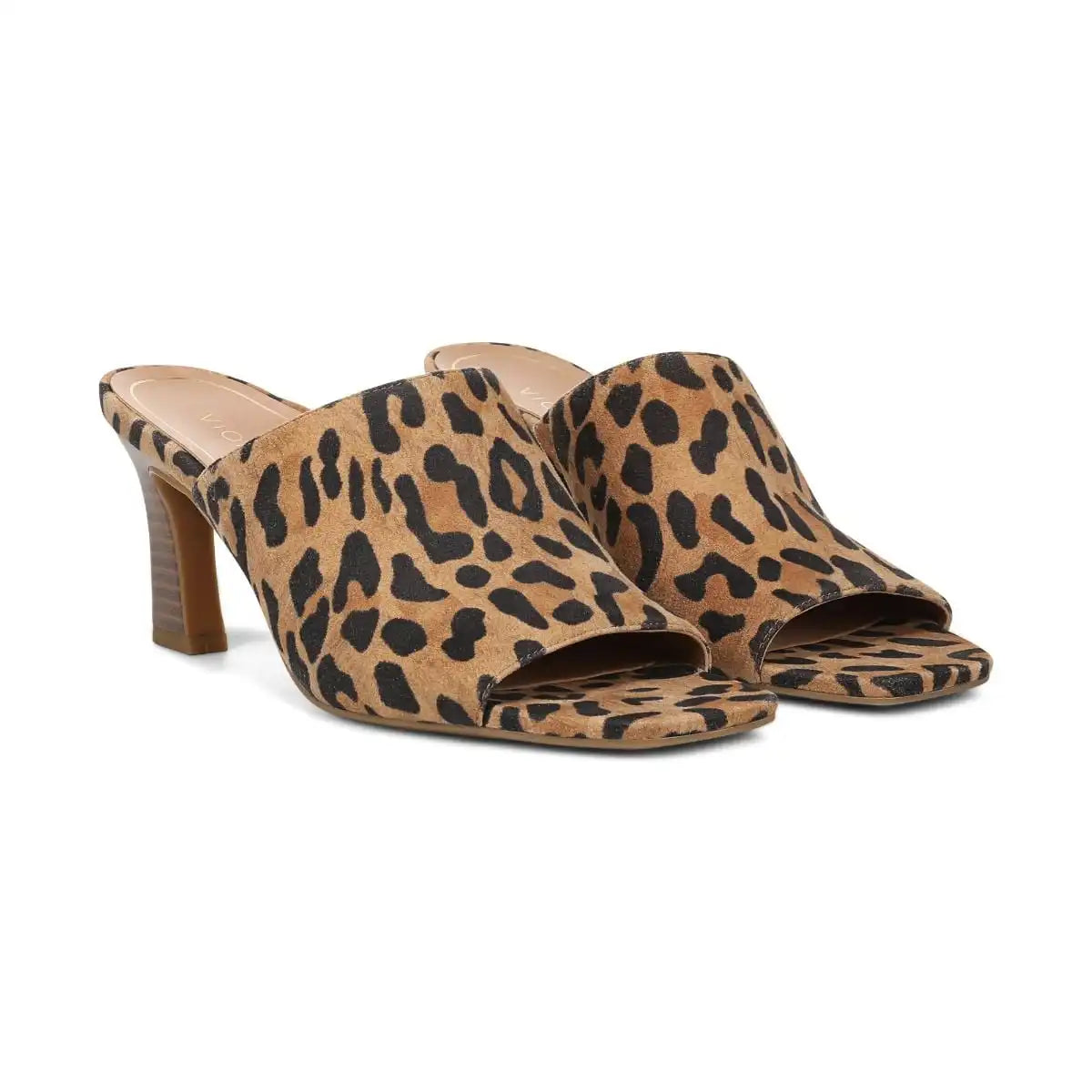 Charlie Heeled Slide Sandal Tan Leopard Print Suede