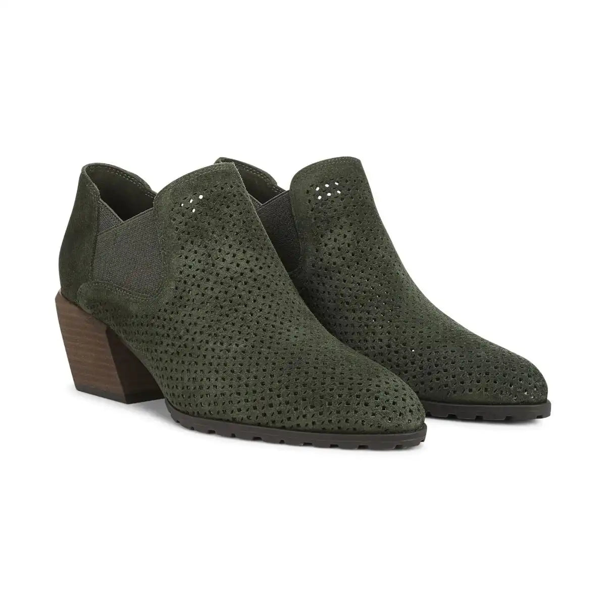 Bethany Perf Heeled Ankle Boot Olive Moss Suede