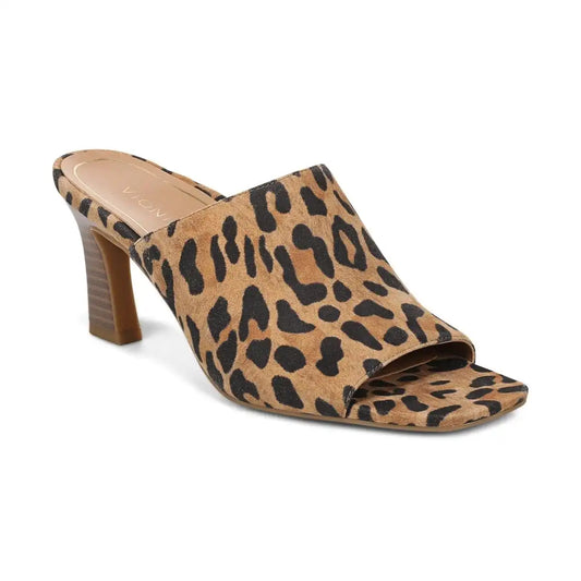 Charlie Heeled Slide Sandal Tan Leopard Print Suede