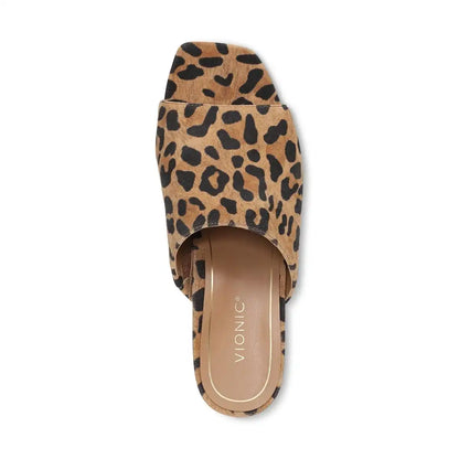 Charlie Heeled Slide Sandal Tan Leopard Print Suede