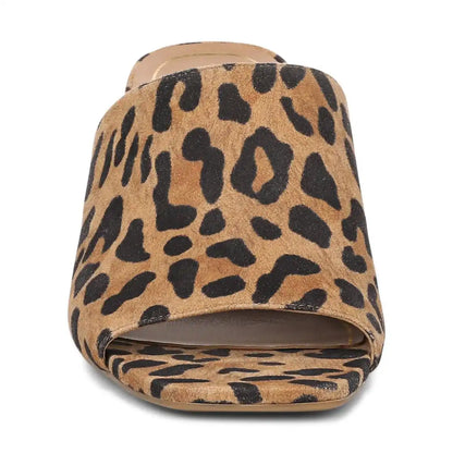 Charlie Heeled Slide Sandal Tan Leopard Print Suede