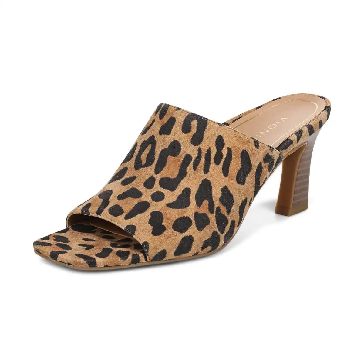 Charlie Heeled Slide Sandal Tan Leopard Print Suede